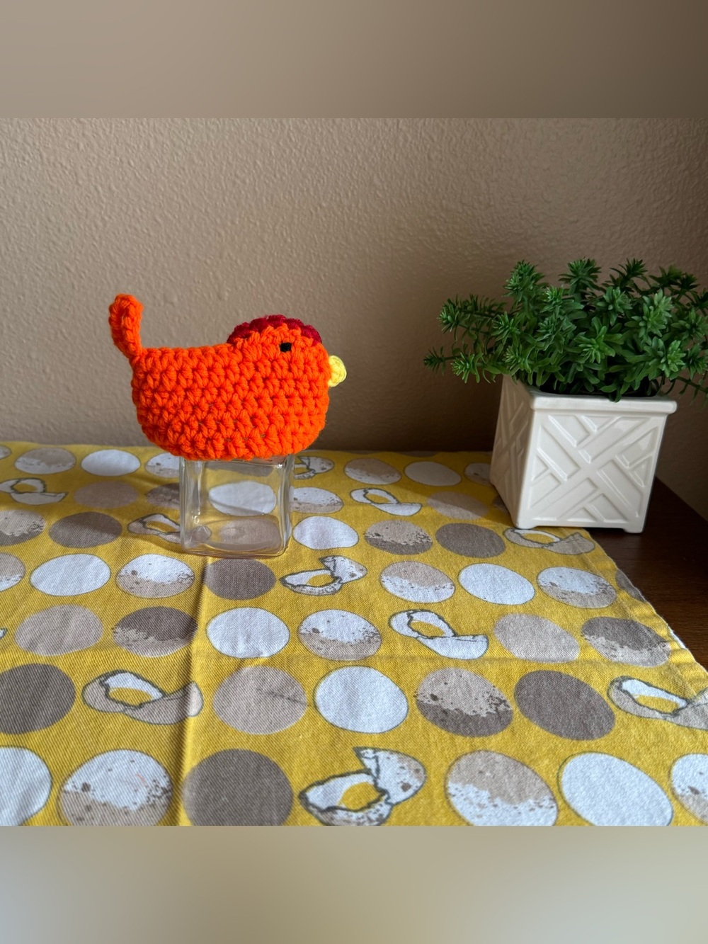 Mini jar with crocheted rooster lid